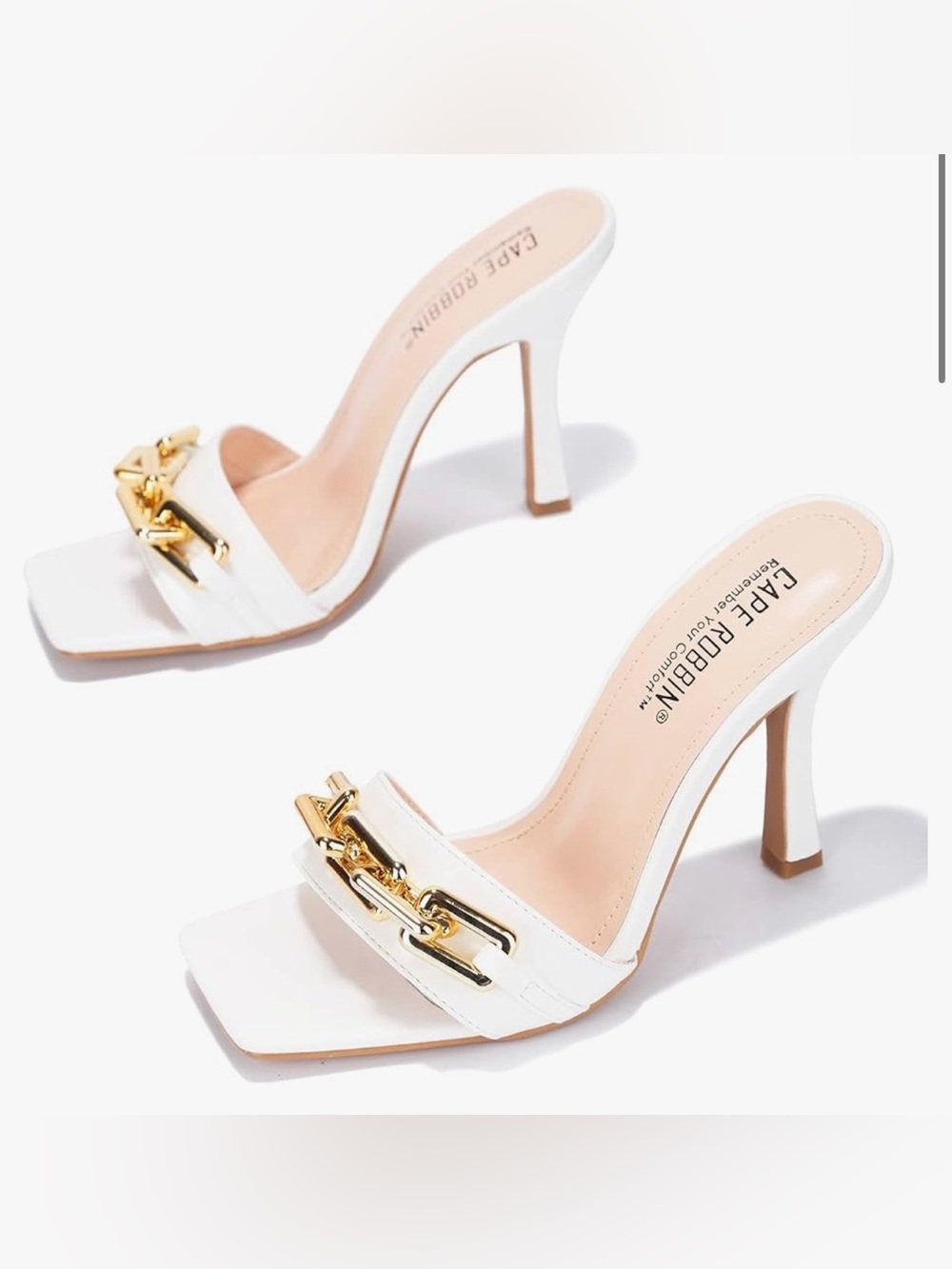 Cape Robbin White High-Heel Mule with Gold Chain